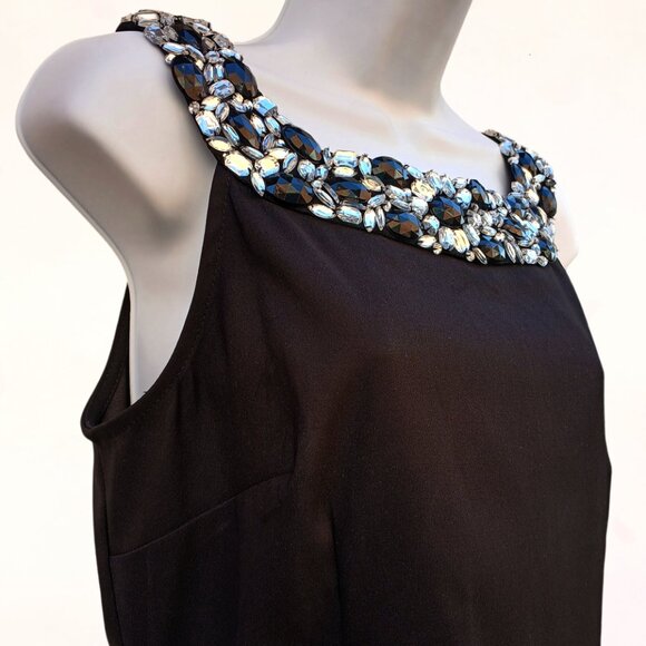 Connected Apparel Women Black Knee Length Sleek Dress with Rhinestone Neckline 8 - Picture 4 of 15